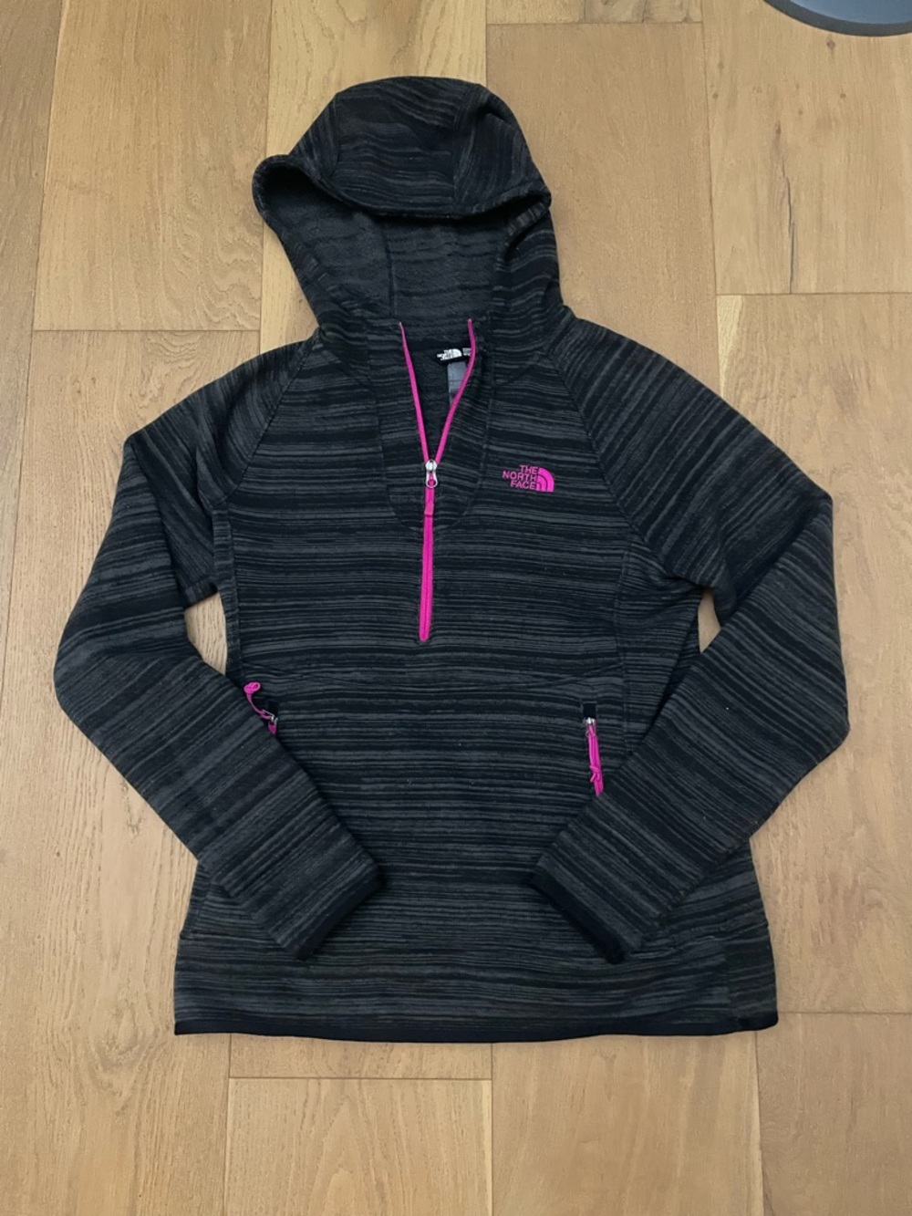 The North Face Women's Black Heather Hooded Half-Zip with Pink Accents